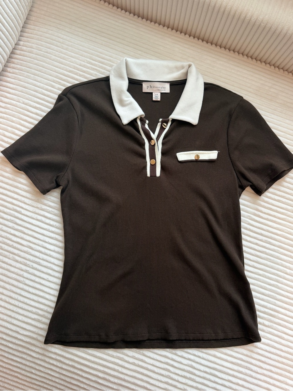 Philosophy Republic Brown Ivory Contrast Ribbed Polo Top Large
